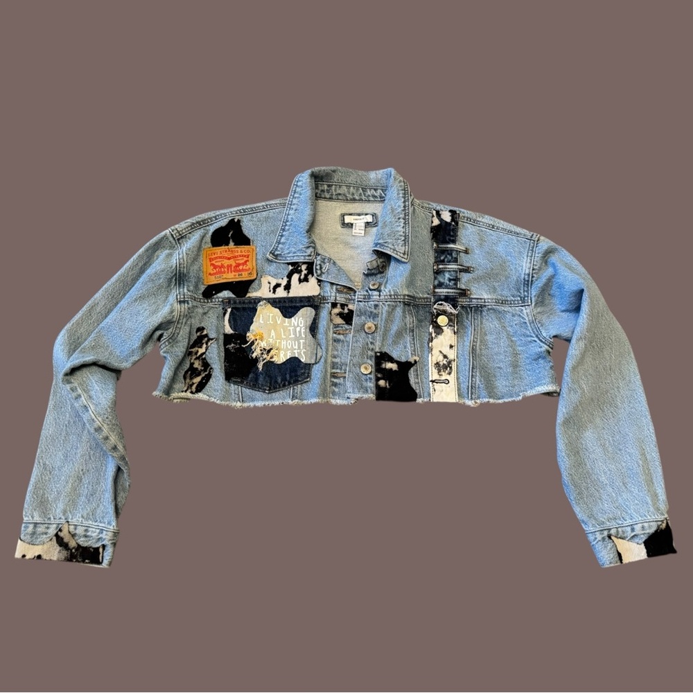 One of a kind Blue Cropped Denim Jacket with Patches